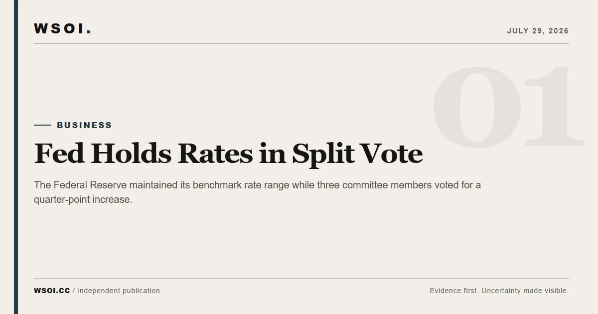 WSOI editorial graphic for the Federal Reserve's July 2026 decision to hold interest rates in a 9-3 vote.