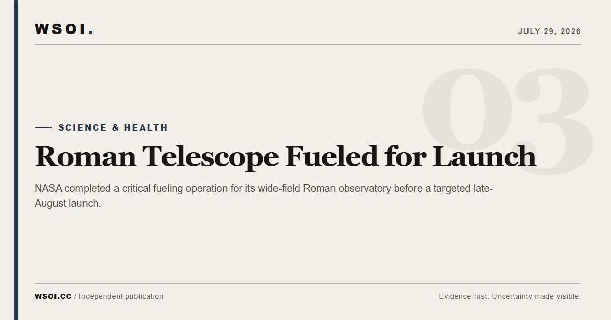 WSOI editorial graphic for NASA completing fueling of the Nancy Grace Roman Space Telescope before launch.